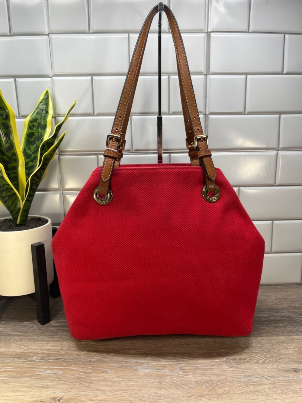 Michael Kors Red Canvas Tote with Brown Leather Straps - Picture 2 of 13
